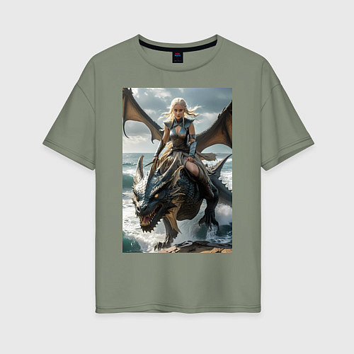 Женская футболка оверсайз Девушка летит на драконе в стиле Игры престолов / Авокадо – фото 1