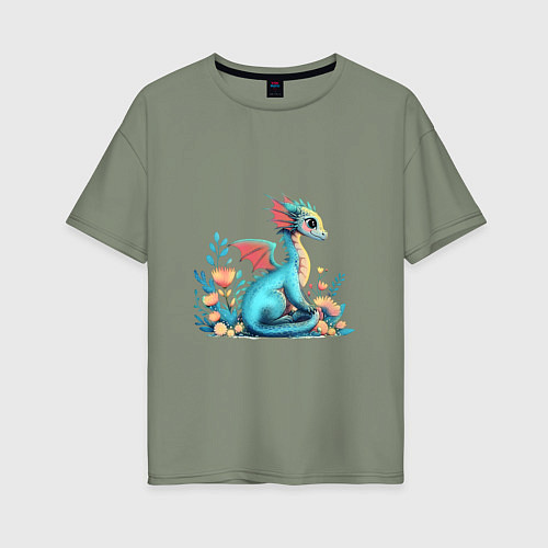 Женская футболка оверсайз Бирюзовый дракон / Авокадо – фото 1