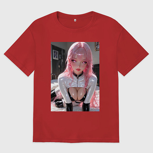 Женская футболка оверсайз Девушка с розовыми волосами в откровенном наряде / Красный – фото 1