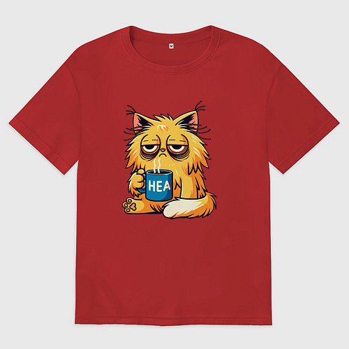 Женская футболка оверсайз Уставший невыспавшийся кот / Красный – фото 1