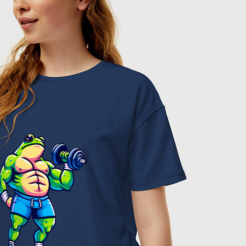 Женская футболка оверсайз Лягушонок с гантелью / Тёмно-синий – фото 3