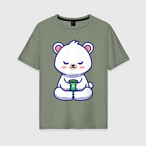 Женская футболка оверсайз Мишка на кофейном релаксе / Авокадо – фото 1