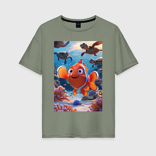 Женская футболка оверсайз Рыбка клоун плавает с черепахами / Авокадо – фото 1