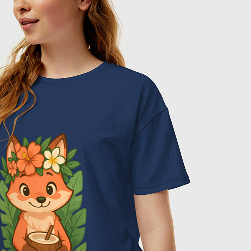 Женская футболка оверсайз Тропическая лисичка / Тёмно-синий – фото 3