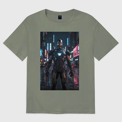 Женская футболка оверсайз Железный человек посреди ночного города / Авокадо – фото 1