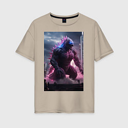 Футболка оверсайз женская Годзилла посреди мегаполиса, цвет: миндальный