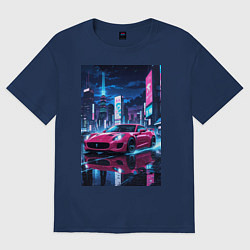 Футболка оверсайз женская Вишневый спорткар по мокрой дороге, цвет: тёмно-синий