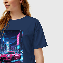 Футболка оверсайз женская Вишневый спорткар по мокрой дороге, цвет: тёмно-синий — фото 2