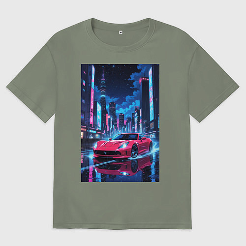 Женская футболка оверсайз Вишневый спорткар по мокрой дороге / Авокадо – фото 1