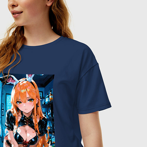 Женская футболка оверсайз Девушка в откровенном наряде с ушками / Тёмно-синий – фото 3