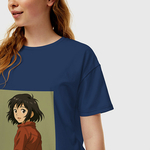 Женская футболка оверсайз Аниме девушка - милая брюнетка с каре / Тёмно-синий – фото 3