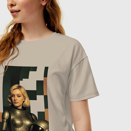 Женская футболка оверсайз Женщина космонавт ретро-футуризм поп-арт 1970-х / Миндальный – фото 3