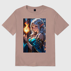 Футболка оверсайз женская Прекрасная эльфийка-маг с шаром огня, цвет: пыльно-розовый