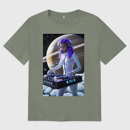 Женская футболка оверсайз Девушка космо DJ на фоне сатурна / Авокадо – фото 1