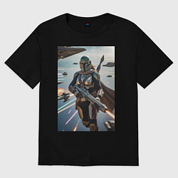 Женская футболка оверсайз Девушка-мандалорец летит в космосе