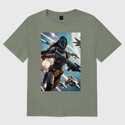 Женская футболка оверсайз Девушка-мандалорец летит в космосе