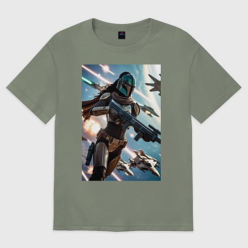 Женская футболка оверсайз Девушка-мандалорец летит в космосе / Авокадо – фото 1