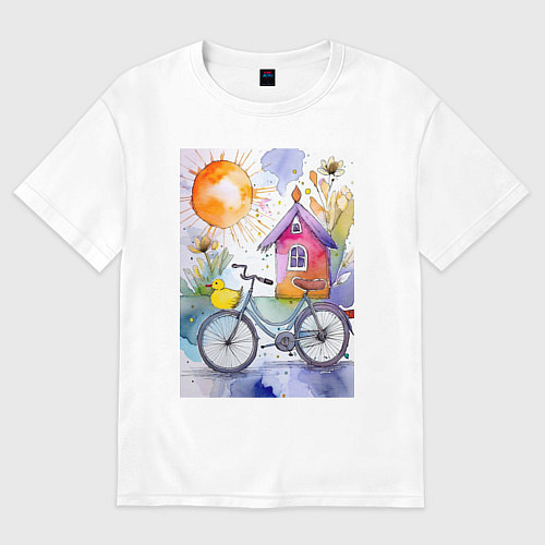 Женская футболка оверсайз Утенок на велосипеде - акварель / Белый – фото 1
