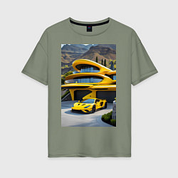 Женская футболка оверсайз Желтый суперкар у дома