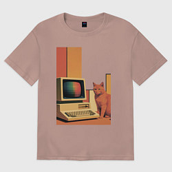 Футболка оверсайз женская Рыжий кот сидит у старого компьютера ретро поп-арт, цвет: пыльно-розовый
