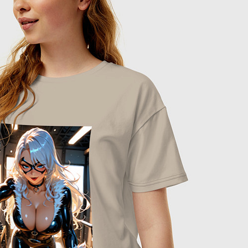 Женская футболка оверсайз Черная кошка в комнате / Миндальный – фото 3