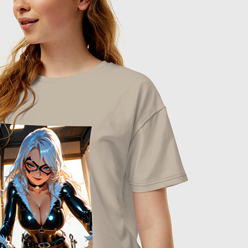 Женская футболка оверсайз Черная кошка в комнате / Миндальный – фото 3