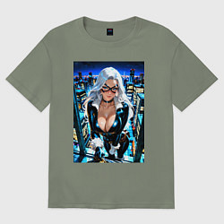 Футболка оверсайз женская Черная кошка на крыше, цвет: авокадо