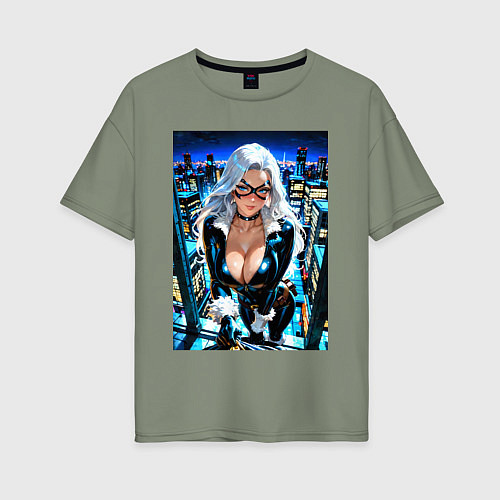 Женская футболка оверсайз Черная кошка на крыше / Авокадо – фото 1