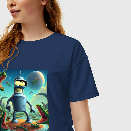 Женская футболка оверсайз Робот-сгибальщик Бендер с пистолетом среди крокоди / Тёмно-синий – фото 3