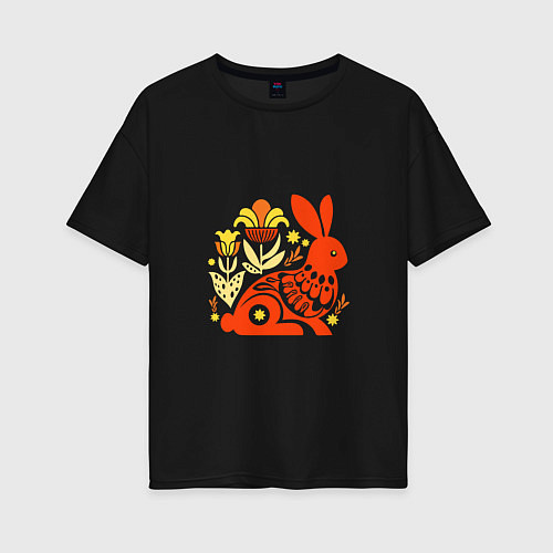 Женская футболка оверсайз Рыжий заяц жёлтые цветы / Черный – фото 1