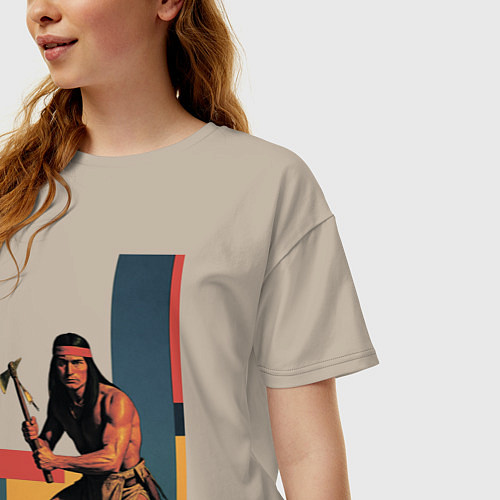 Женская футболка оверсайз Индеец с томагавком поп-арт / Миндальный – фото 3