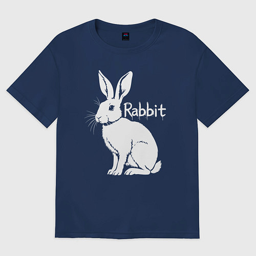 Женская футболка оверсайз Белый кролик с надписью / Тёмно-синий – фото 1