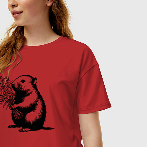 Женская футболка оверсайз Крот с цветами / Красный – фото 3