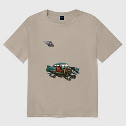 Футболка оверсайз женская Летающий автомобиль, ретроутуризм, цвет: миндальный