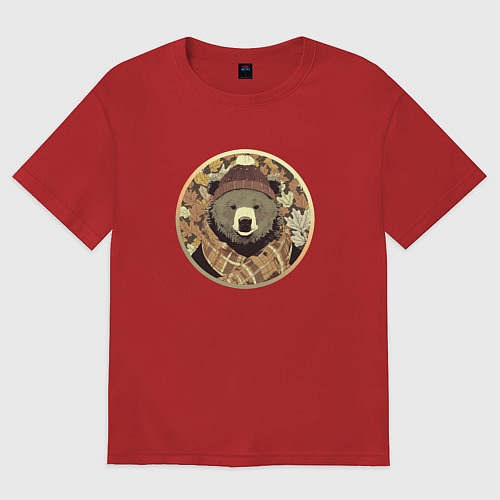 Женская футболка оверсайз Осенний медведь в шарфе / Красный – фото 1