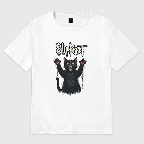Женская футболка оверсайз Slipknot Кот с поднятыми лапами / Белый – фото 1