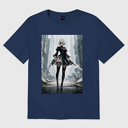 Футболка оверсайз женская Девушка-андроид с катанами посреди руин, цвет: тёмно-синий