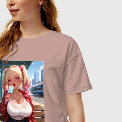 Футболка оверсайз женская Симпотная девушка-гяру с мороженным - аниме, цвет: пыльно-розовый — фото 2