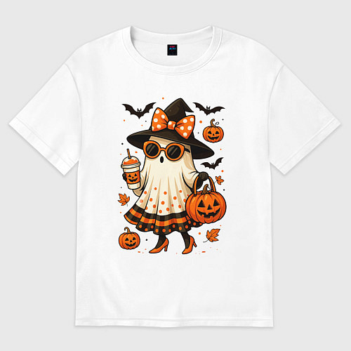 Женская футболка оверсайз Модное привидение с кофе на хэллоуин / Белый – фото 1