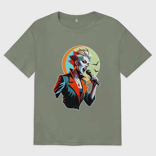 Женская футболка оверсайз Певица рок вампир с микрофоном / Авокадо – фото 1