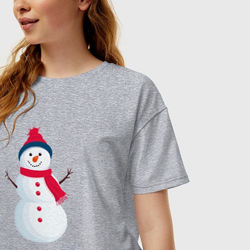 Женская футболка оверсайз Веселый снеговик в шапке / Меланж – фото 3