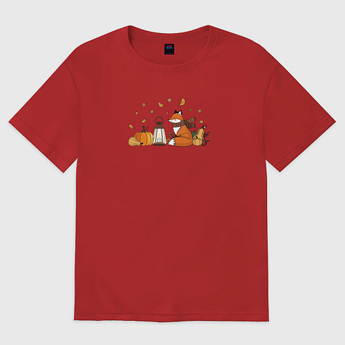 Женская футболка оверсайз Лиса с тыквами и фонарём / Красный – фото 1