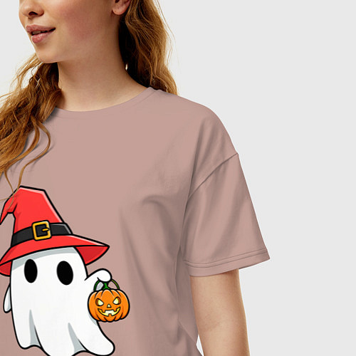 Женская футболка оверсайз Призрак в красной шляпе / Пыльно-розовый – фото 3