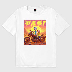 Женская футболка оверсайз Рик и Морти на ржавом ретро мотоцикле в пустыне