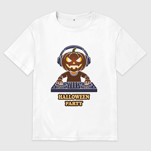 Женская футболка оверсайз Хэллоуин, тыква диджей, музыка / Белый – фото 1