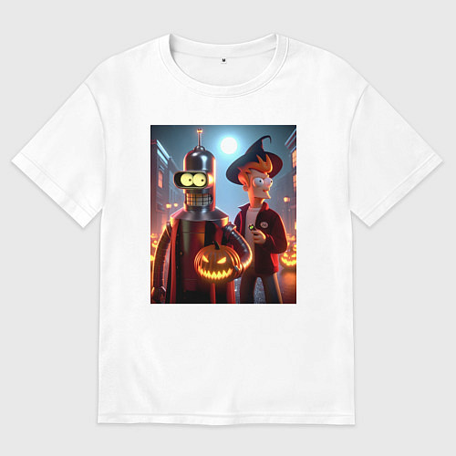 Женская футболка оверсайз Бендер и Фрай в шляпе - ночь на хэллоуин / Белый – фото 1