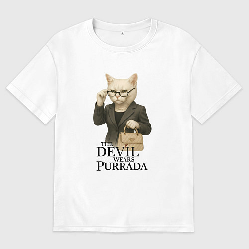 Женская футболка оверсайз Дьявол носит Пурада пародия с кошкой / Белый – фото 1
