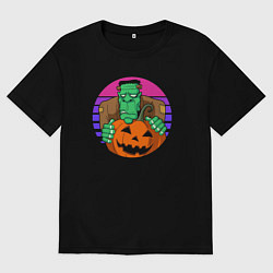 Футболка оверсайз женская Франкенштейн с тыквой, цвет: черный