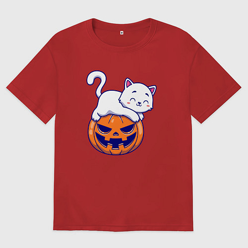 Женская футболка оверсайз Белый котик и тыква / Красный – фото 1