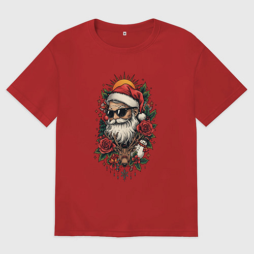 Женская футболка оверсайз Дед мороз в черных очках и олень / Красный – фото 1